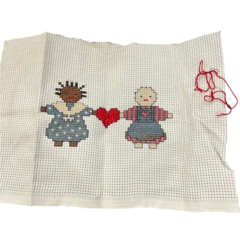 Friends Partially Completed Cross‎ Stitch Children Friendship Dolls Crafts VTG